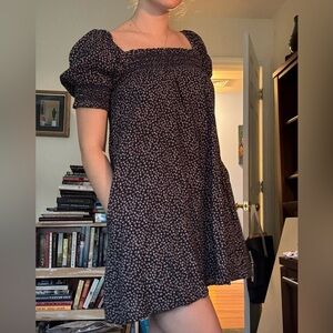 Elegant Navy Floral Puff Sleeve Mini Dress